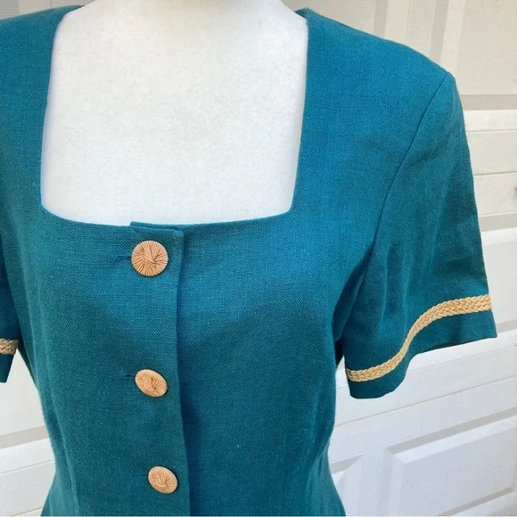 Liz Claiborne Vintage Linen Maxi Dress Womens 10 Green 90s Button Front Pockets - Picture 2 of 16